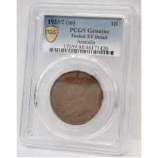 AUSTRALIA 1933/2 ONE 1 PENNY . VARIETY . OVERDATE . PCGS XF